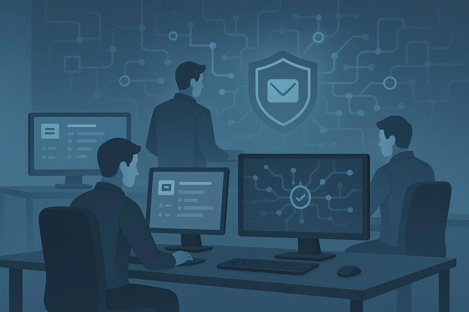 فريق تقني يعمل على إعداد وربط نظام بريد مؤسسي آمن داخل بيئة عمل احترافية. - ايميلات الشركات