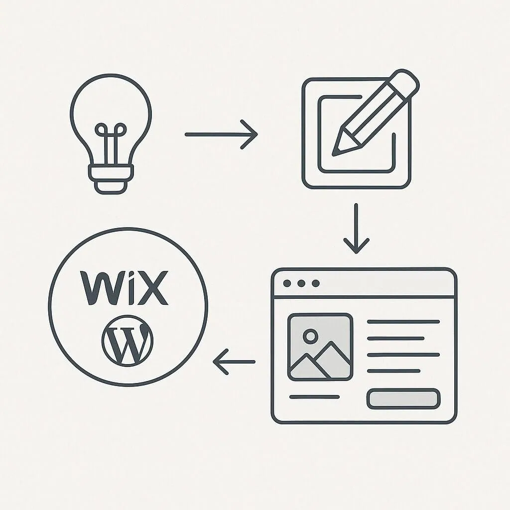 مخطط خطوات إنشاء موقع إلكتروني مجاني باستخدام منصات مثل Wix وWordPress.