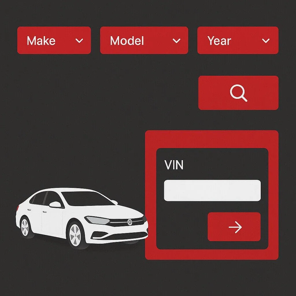 واجهة متجر قطع غيار سيارات تعرض فلاتر توافق متقدمة مع VIN Lookup.